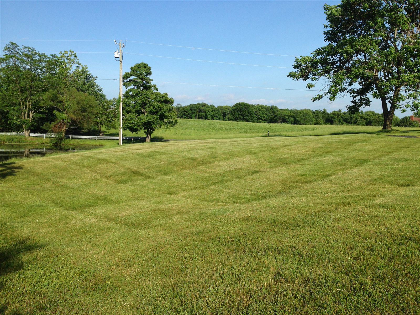 Open country lawn freshly mowed beside a pond in western Prince William County